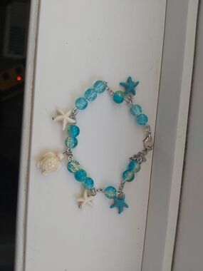 Turquoise Beach Charm Bracelet with Starfish and Turtle Charms